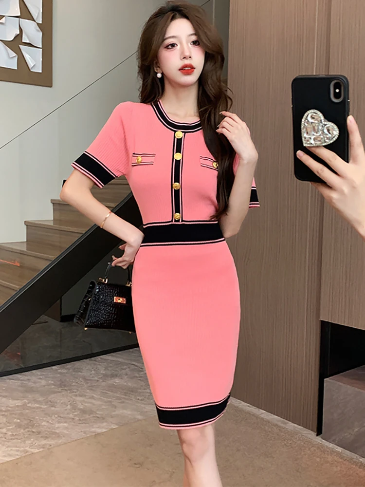 

2023 Pink Patchwork Knitted Midi Dress Summer Short Sleeve Elegant Bodycon Party Vestidos Women Korean Fashion Casual Home Dress