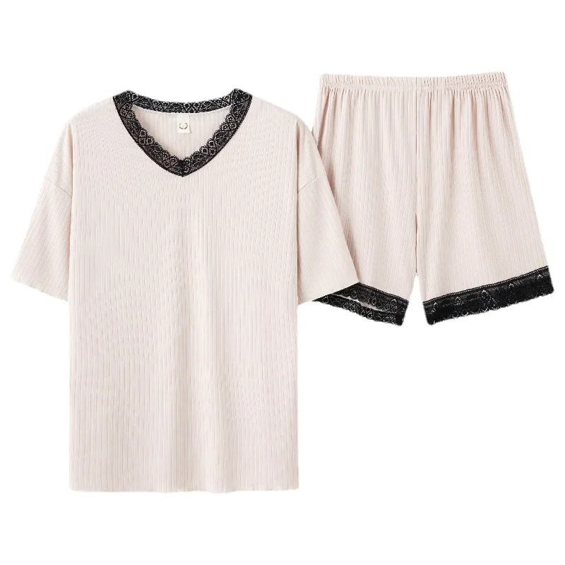 Women's Pajamas Summer This Simple Casual V-neck Short-sleeved Shorts Home Service Suit Lace Decoration Comfortable Sleepwear