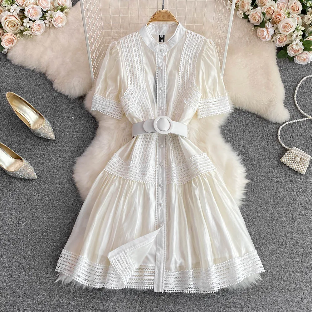 

SuperAen 2022 Summer Retro Stand Waist Slim Lace Patchwork Single-breasted Solid A Line Casual Dress for Women