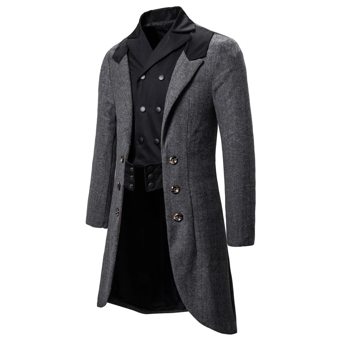 LUCLESAM Men's Woolen Coat Double Breasted Medium Length  Overcoat Autumn Winter British Style Gentleman Tailcoat