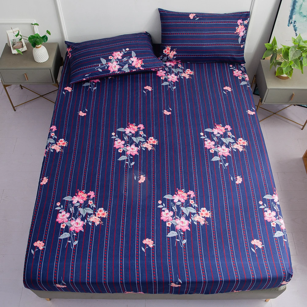 Fashion blue flower Bed Fitted Sheets Sábanas Mattress Cover with Elastic Microfiber 90*200*30 120*200*30cm