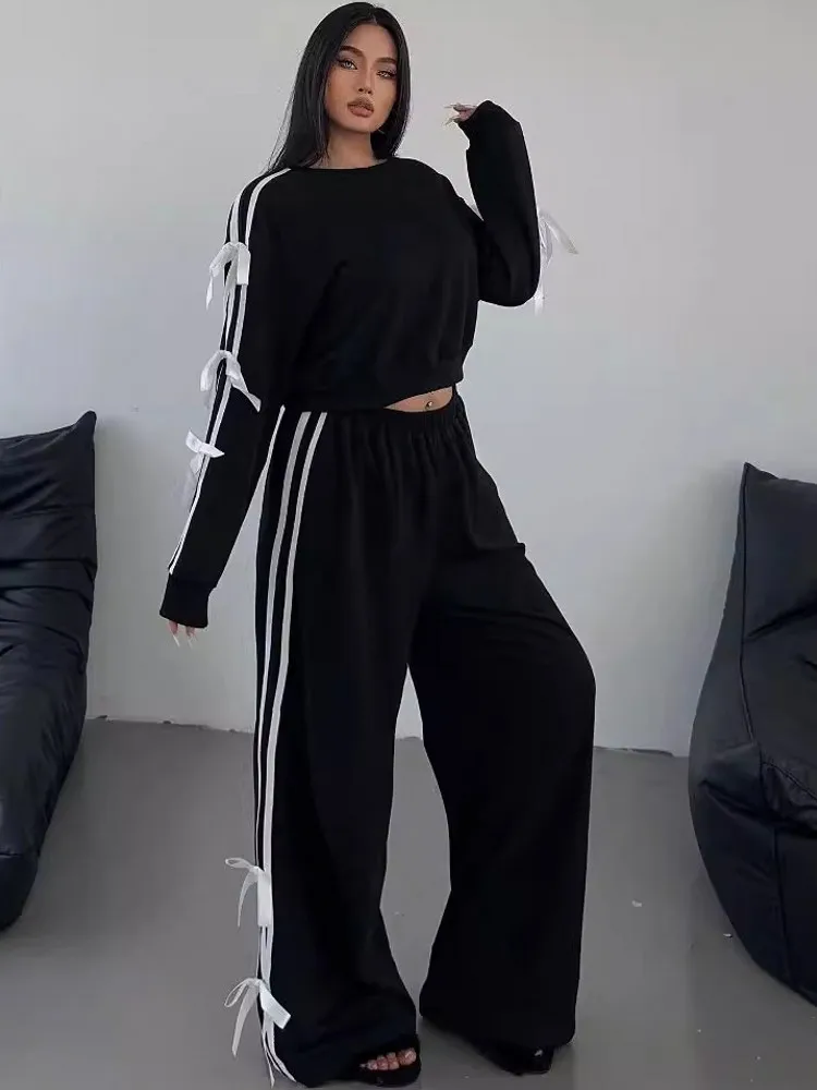 Женский комплект из 2 предметов черный пуловер с длинным рукавом и штаны