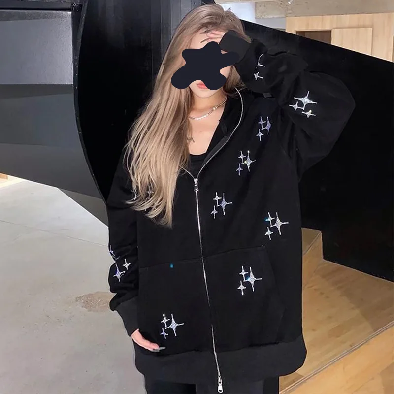 

Vintage Star Pattern Hoodie Women Men Fairy Grunge Long Sleeve Zipper Jacket Harajuku Oversize Sweatshirt Streetwear Y2K Clothes