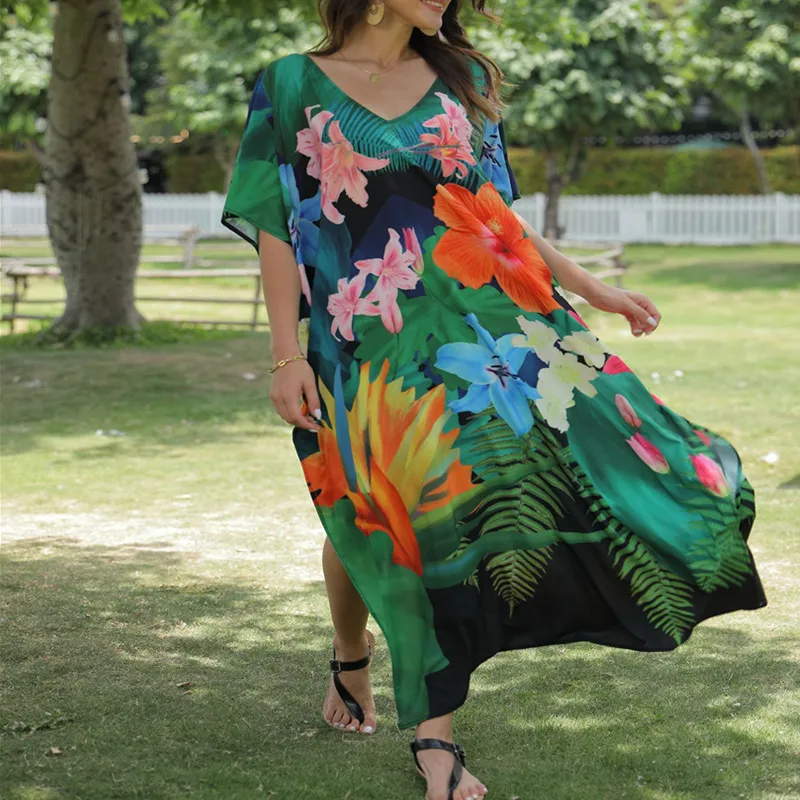 

Floral Print Swimsuit Cover up Robe 2022 Summer Bohemian Dress Plus size Beachwear Cover-ups Beach Kaftan Dress