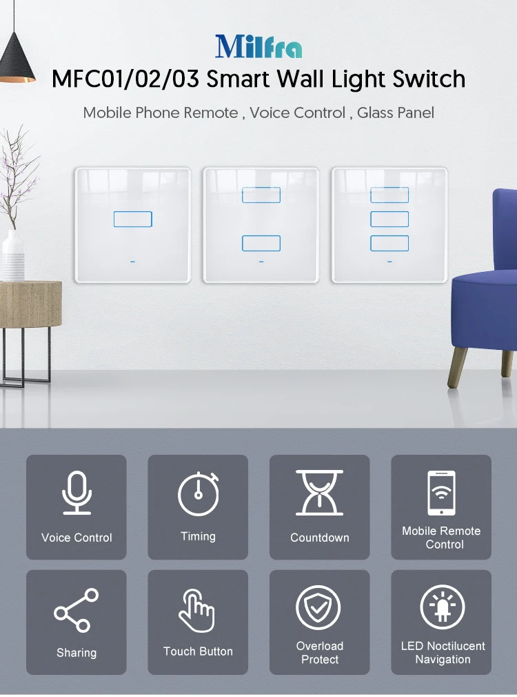 

Настенный выключатель света Milfra, с двойным управлением, нейтральный провод, требуется для ЕС, 86 мм, 3-полосный настенный выключатель для Google ...