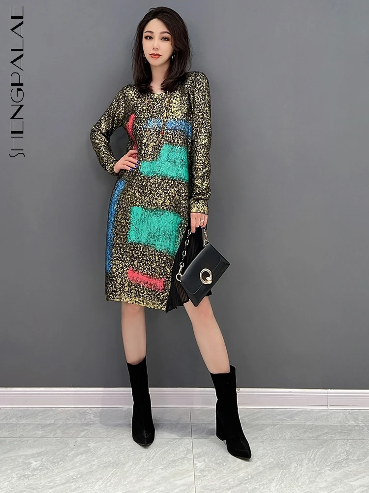 

Женское мини-платье SHENGPAIAE, свободное контрастное платье с длинными рукавами и круглым воротником, модель 2023 года, модные женские платья 5W556