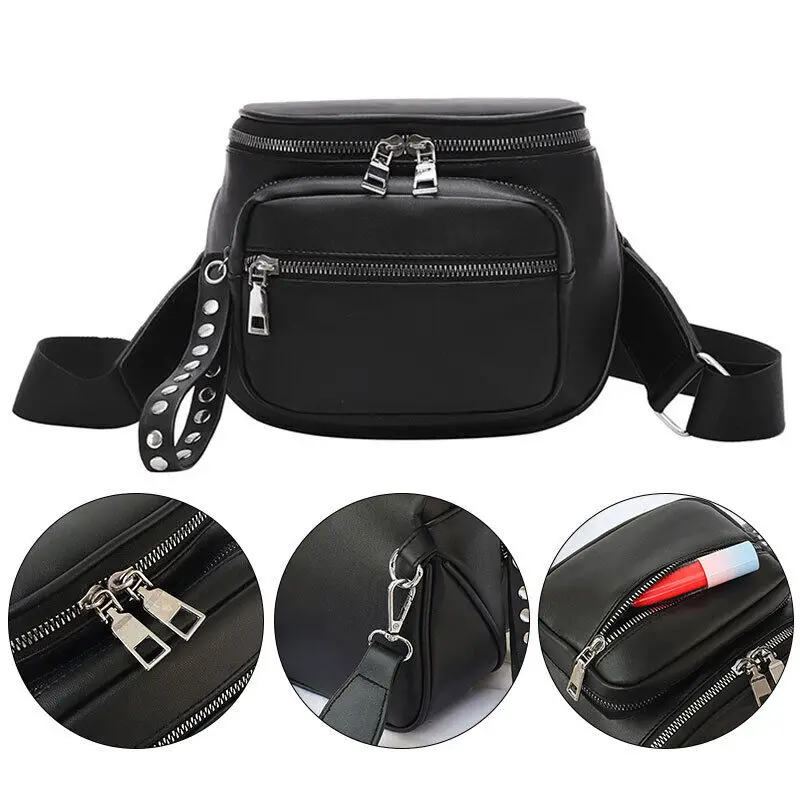 Women Multi-pocket Chest Waist Bag PU Leather Shoulder Messenger Handbag Purse Crossbody Black Tote Bag Two=zip Way