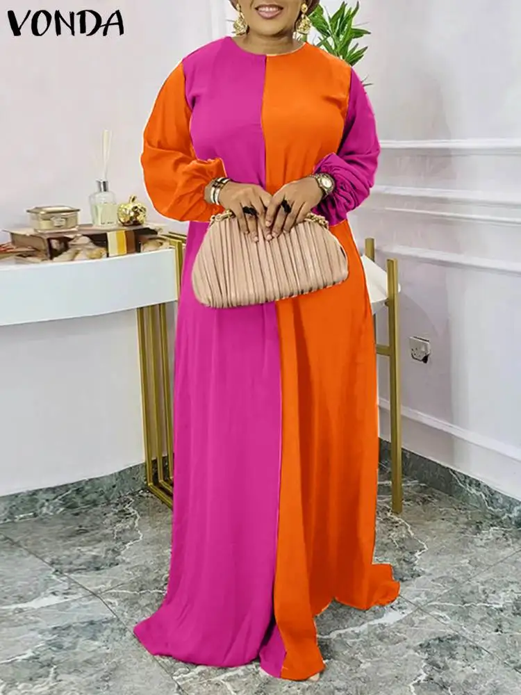 

VONDA 2022 Women Vintage Color Patchwork Dress Holiday Maxi Long Sundress Robe Femme Fashion Vestidos Party Pleated Dress Fmme
