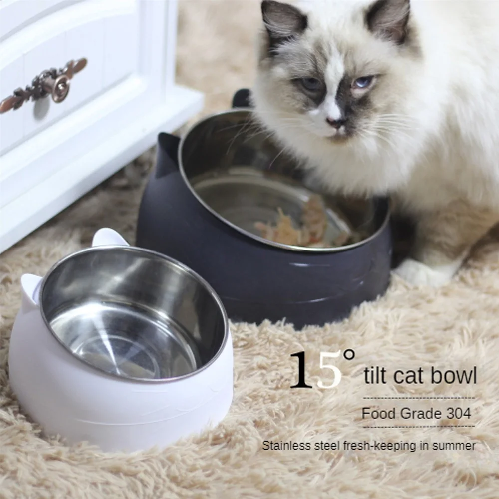 

15 Degrees Raised Stainless Steel Cat Bowls Safeguard Neck Puppy Cat Feeder Non-slip Crash Elevated Cats Food Bowl Cat Dog Bowl