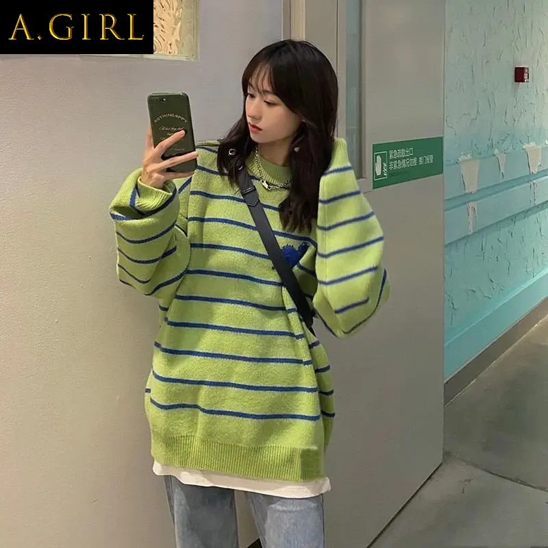 

F GIRLS Striped Pullovers Women Loose BF Style Simple Daily Leisure All-match College Popular Knitwear Female Comfortable New