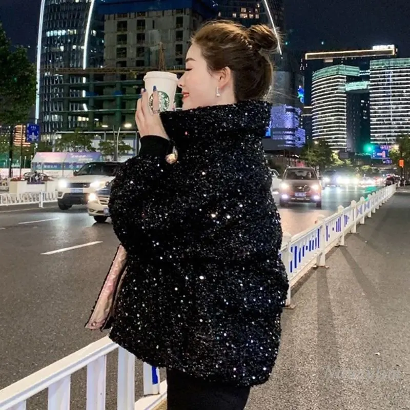 Short Sequined Parka Women 2022 Winter New Stand Collar Long Sleeve Down Cotton-Padded Jacket Thick Warm Street Blue Velvet Coat