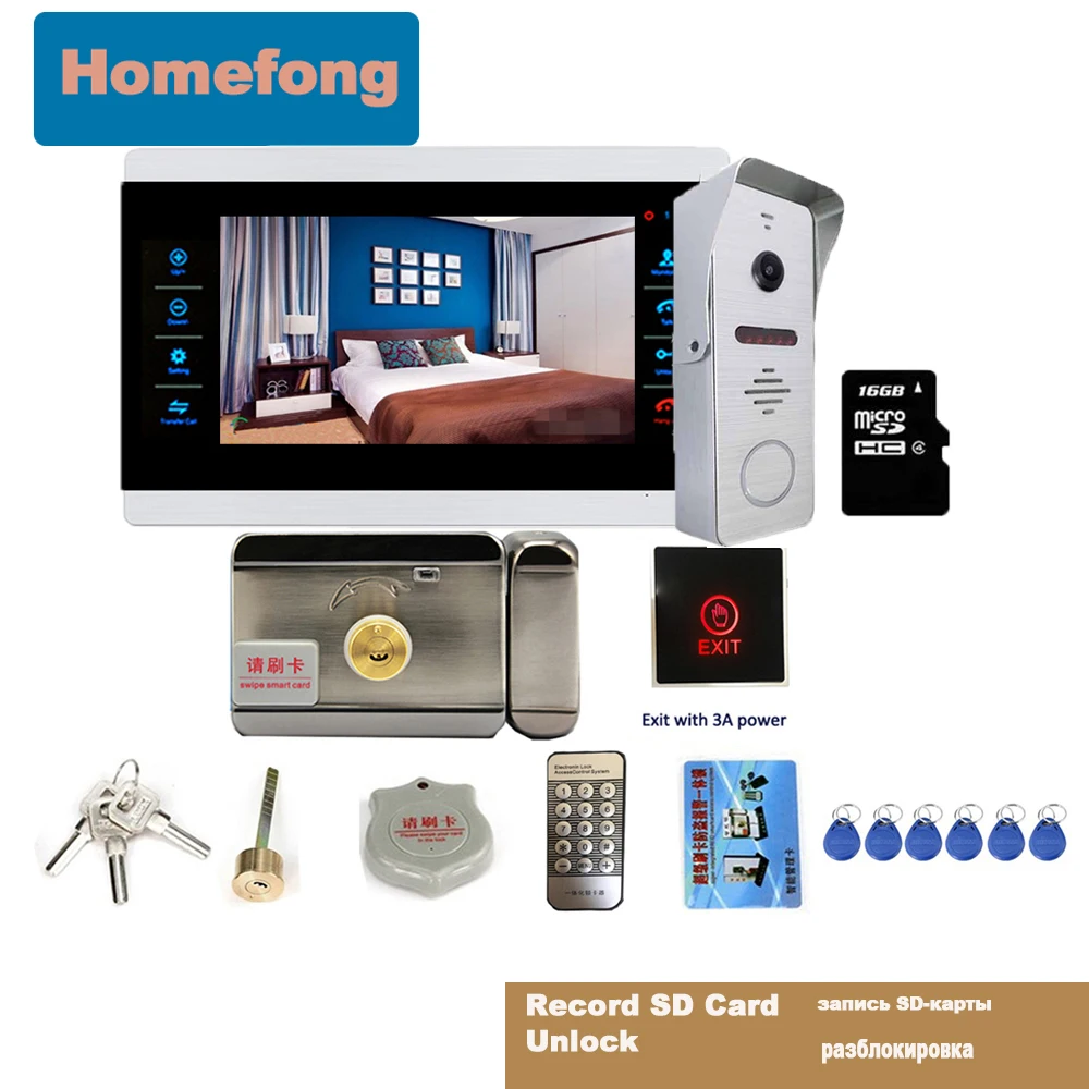 Homefong Video Door Phone Door Lock Electric 12V Unlock Video Intercom Doorbell with Camera System Motion Detection SD Card