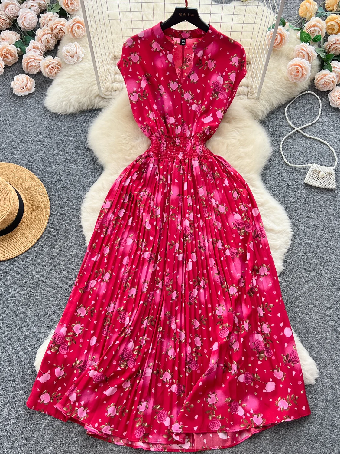 

Summer Vintage Women Print Draped Long Dress Elegant V-Neck Sleeveless High Waist Chiffon Pleated Maxi Vestidos Female New