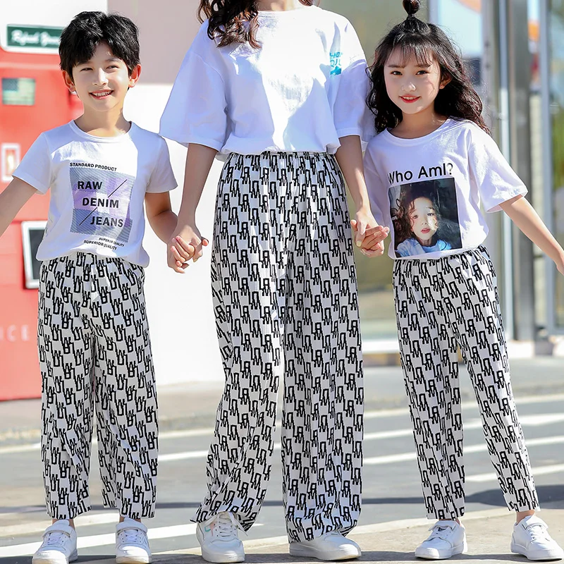 

Family Women Pants Kids Girls Boys Bohemian Style Caaual Long Pants 2022 Summer Black-White Trousers