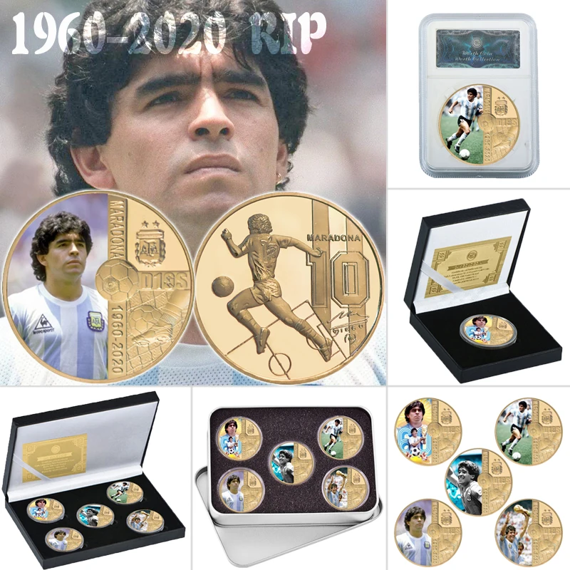 

RIP 1960-2020 Remember Diego Maradona Gold Commemorative Coin Set /w Coin Holder Football Challenge Coins Souvenir Gift for Men