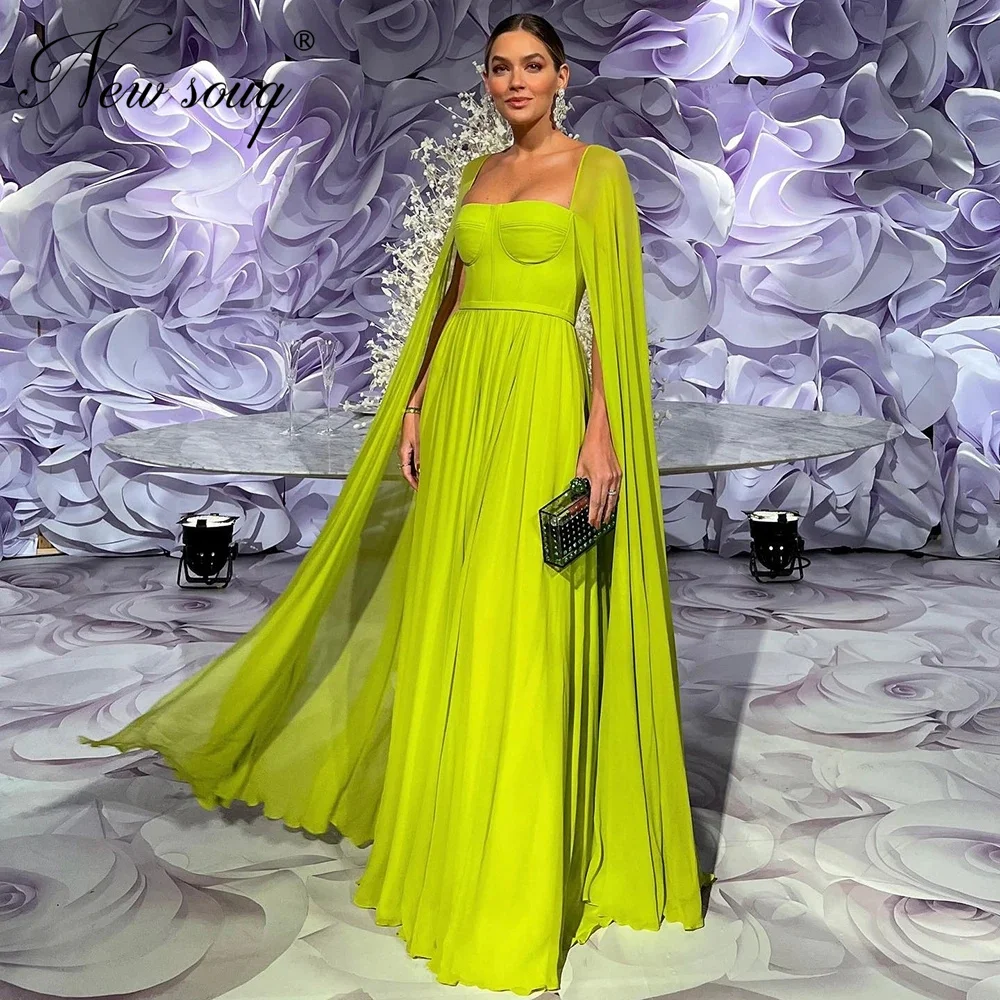 

New Fashion Chiffon Evening Dresses Lemon Yellow Dubai Long Prom Dress Saudi Arabia Couture Wedding Party Gowns Robes Du Soiree