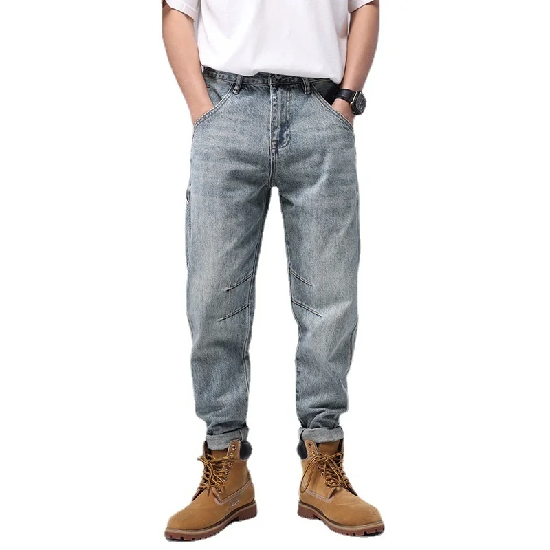 

Loose Men's Jeans Harlan Straight Denim Pants Retro Splicing Baggy Hip Hop Cowboy Trousers for Male