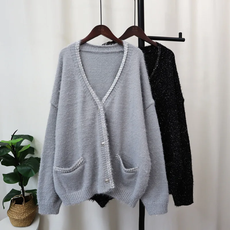 DEAT женский кардиган свободный с длинным рукавом яркий шелковый дизайн блестки