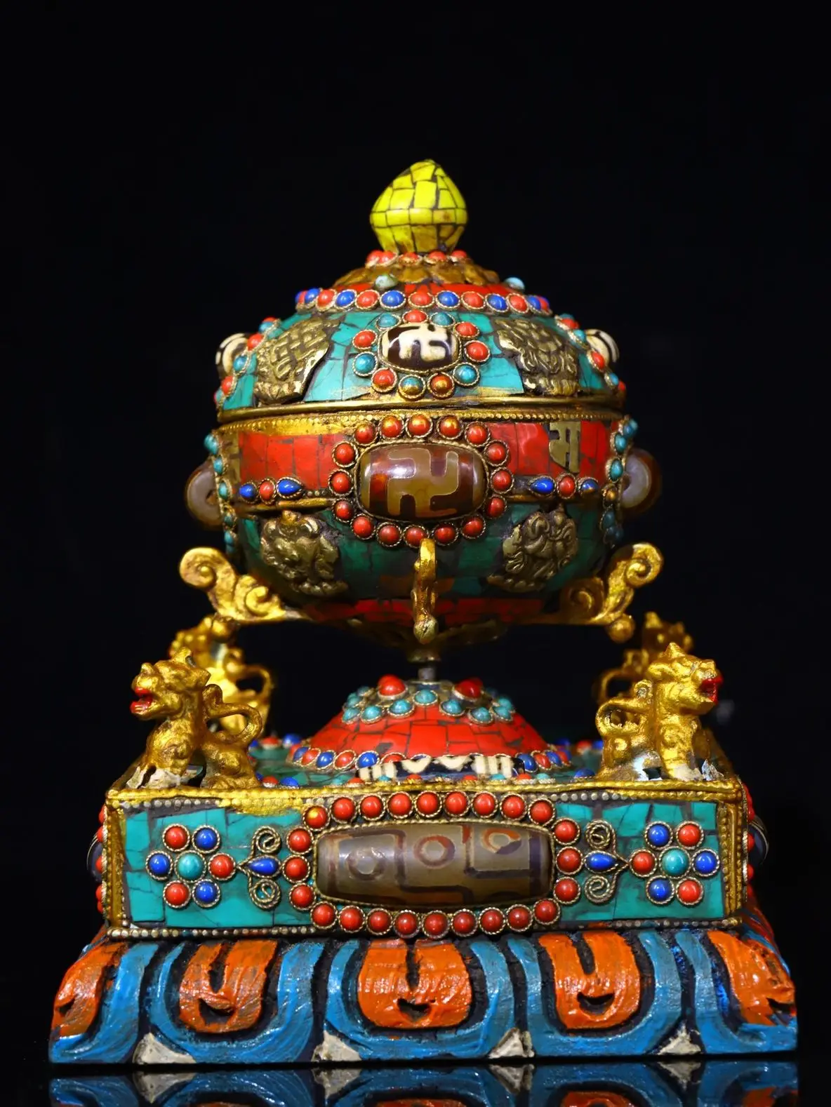 

7"Tibet Temple Collection Old Bronze Gilt mosaic Gem Dzi Bead Four directions Lion Prayer Wheel Amulet Dharma Town House