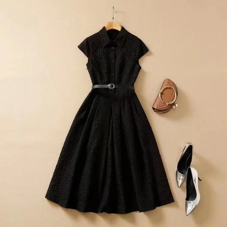 European and American women's summer 2022 new  Black lapel pleats with short sleeves  Fashionable belt pleated dress