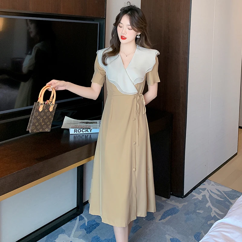 

Will ~ Summer new French style restoring ancient ways v-neck falbala big lapel covers meat thin long dress