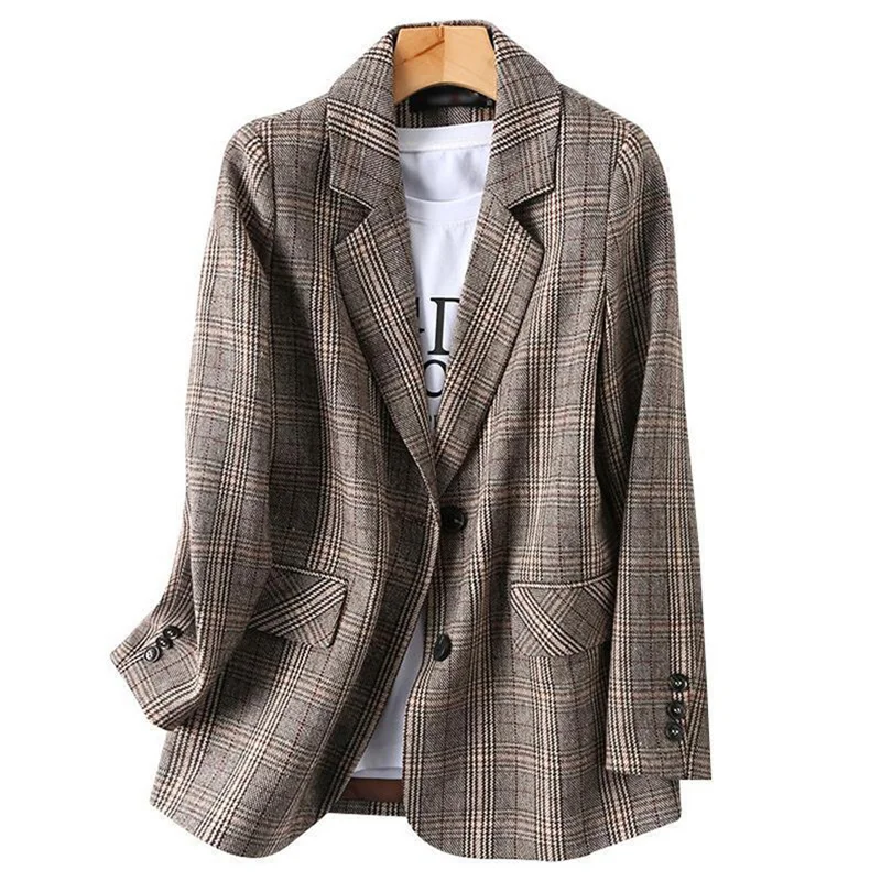 New 2023 Autumn Vintage Single Breasted Office Plaid Blazer Ladies Long Sleeve Korean Loose Suit Jacket Women Blazers Female