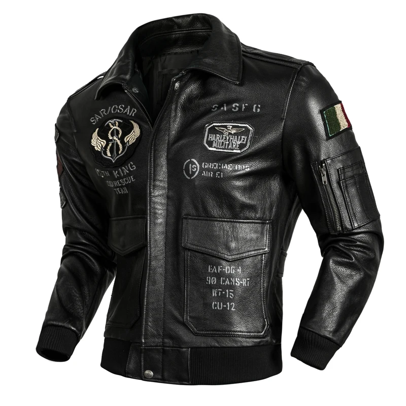 

Slim Suit Jacket Classic Motorcycle Fashion Jacket Autumn Short Men Cowhide Layer Corium Top Black Spring Fit Leather Bomber