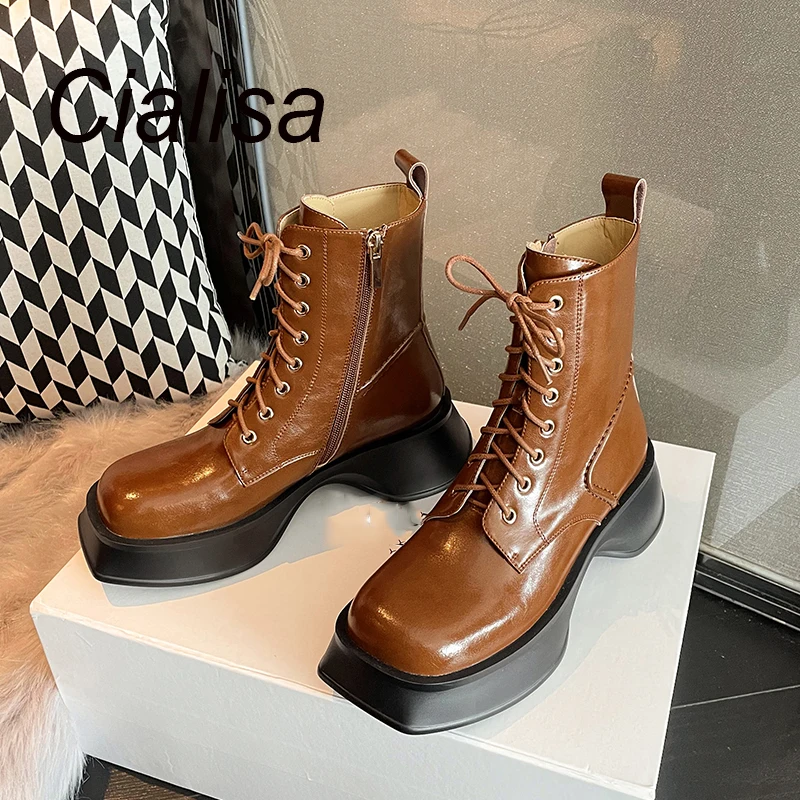 

Женские ботинки на платформе Cialisa, коричневые ботильоны ручной работы с перекрестной шнуровкой и круглым носком, на массивном каблуке, для осени и зимы