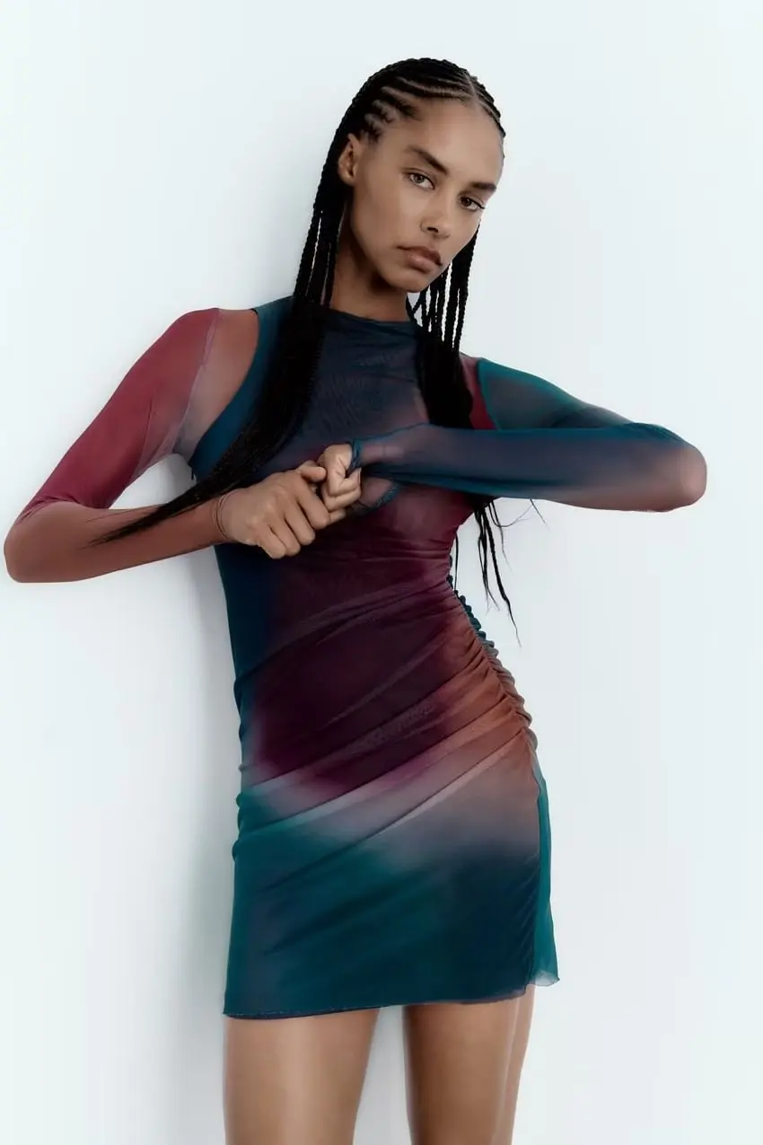 

Женское мини-платье с круглым вырезом, Прозрачное платье в европейском стиле с длинным рукавом, весна-лето 2023