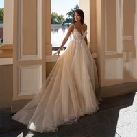 boho deep v neck tulle wedding dresses lace applique sleeveless beach bridal gowns backless sequin court train vestidos de novia