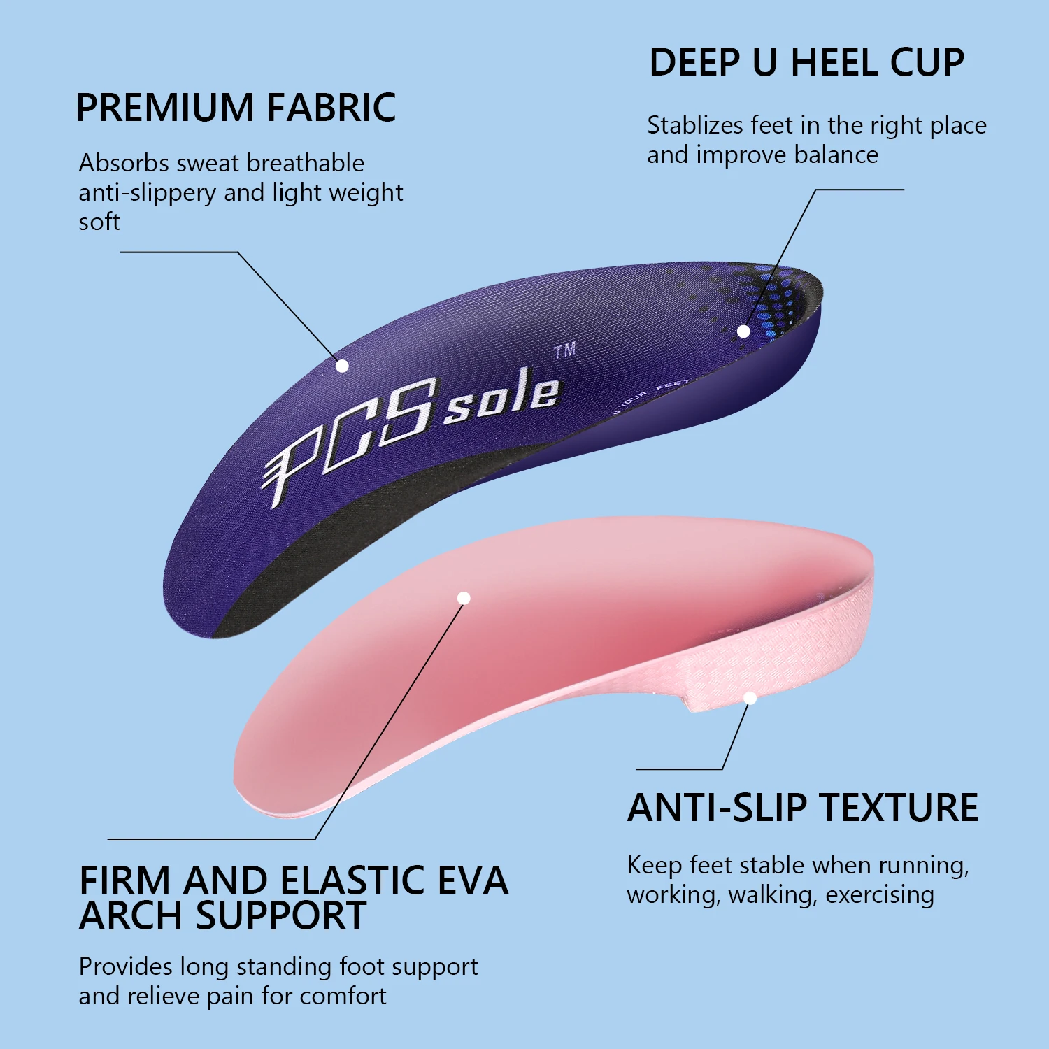 PCSsole’s 3/4 Orthotics Shoe Insoles High Arch Supports Shoe Insoles for Plantar Fasciitis, Flat Feet, Over-Pronation, Heel Pain
