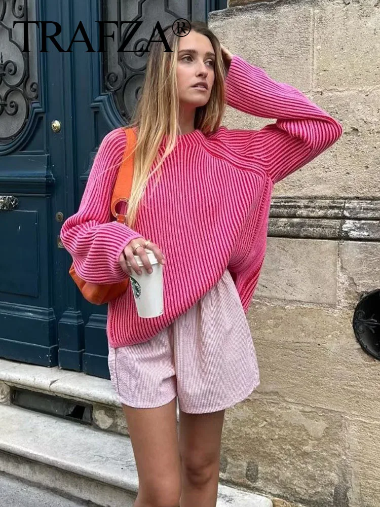 

TRAFZA 2023 Autumn Fashion Women Solid Color Chic O Neck Texture Pullovers Tops Clothing Women Long Sleeves Pullovers Sweater