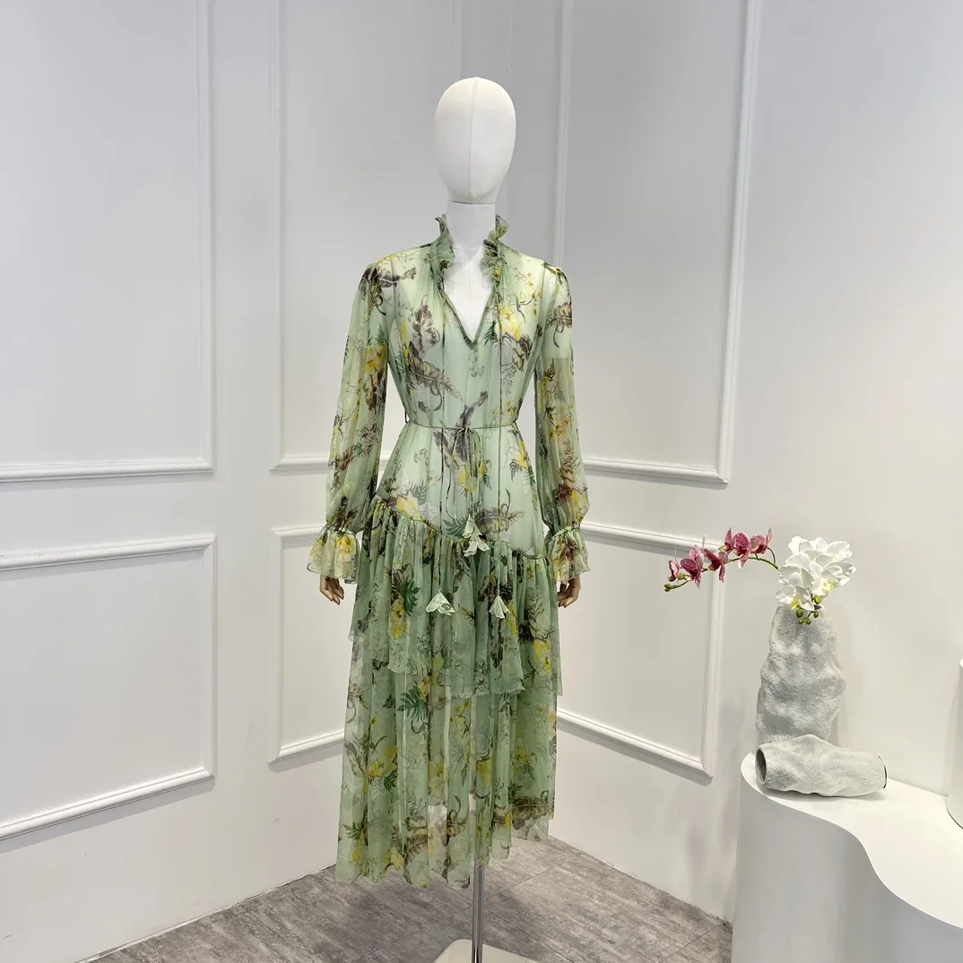 

Green New 2023 Silk High Quality Ruffles Vintage Frill Botanic Print Cascading Floucing Irregular Woman Midi Dress