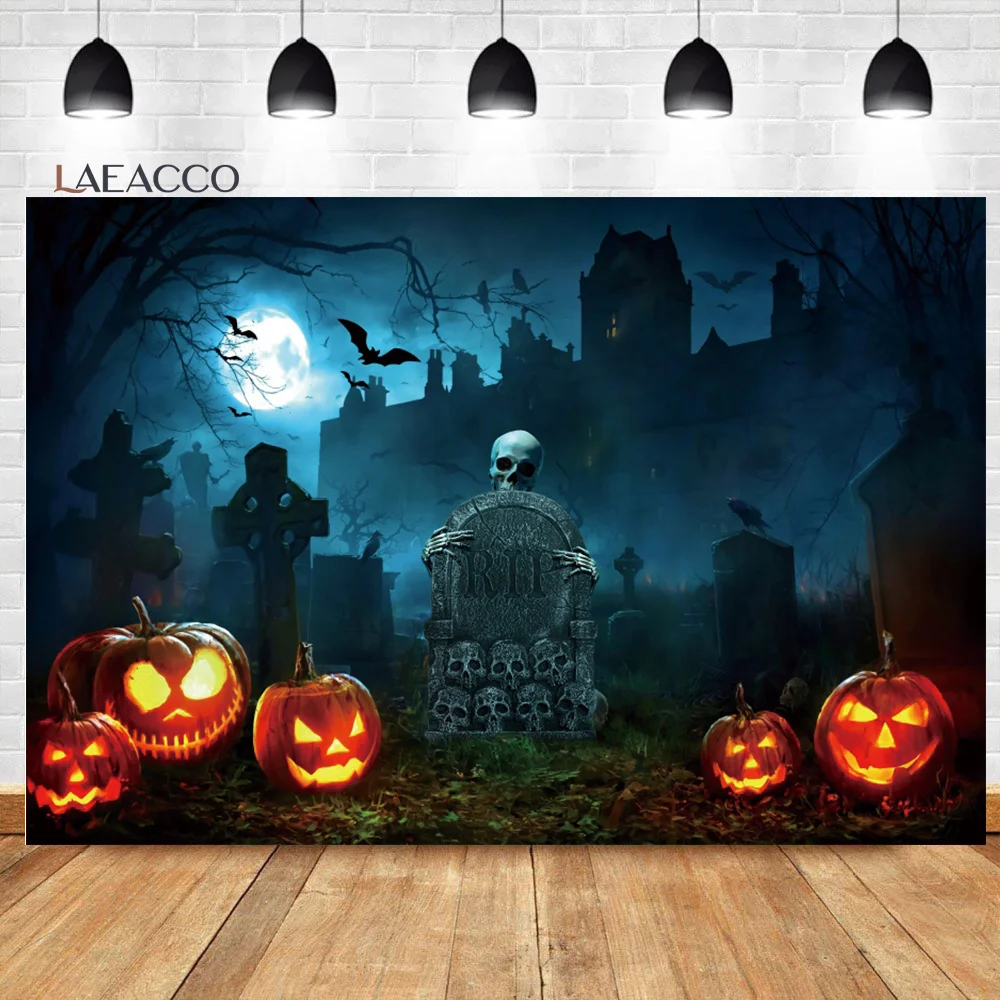 

Laeacco Haunted Graveyard Photography Backdrop Pumpkin Lantern Spooky Night Castle Bat Kid Birthday Portrait Photo Background