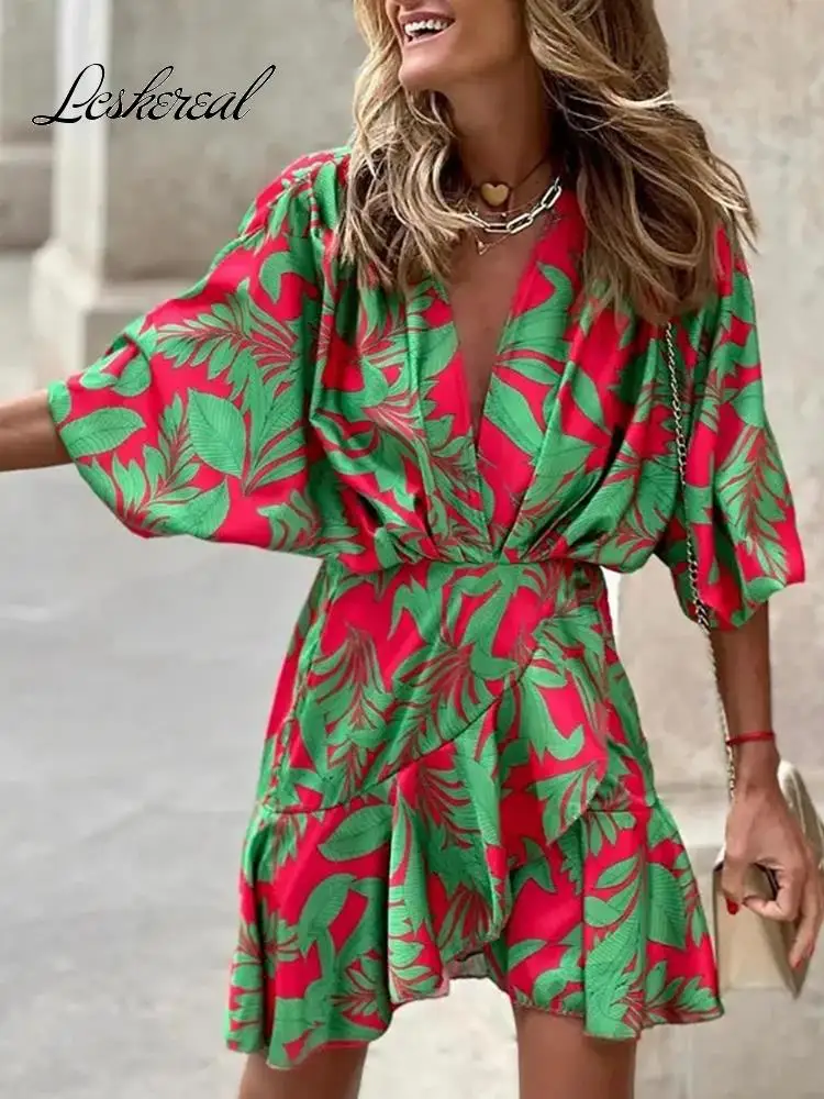 

Sexy Deep V Neck Half Sleeve Print Mini Dress Women 2022 Summer Casual Boho Ruffles Office Ladies Dresses For Women Robe Femme