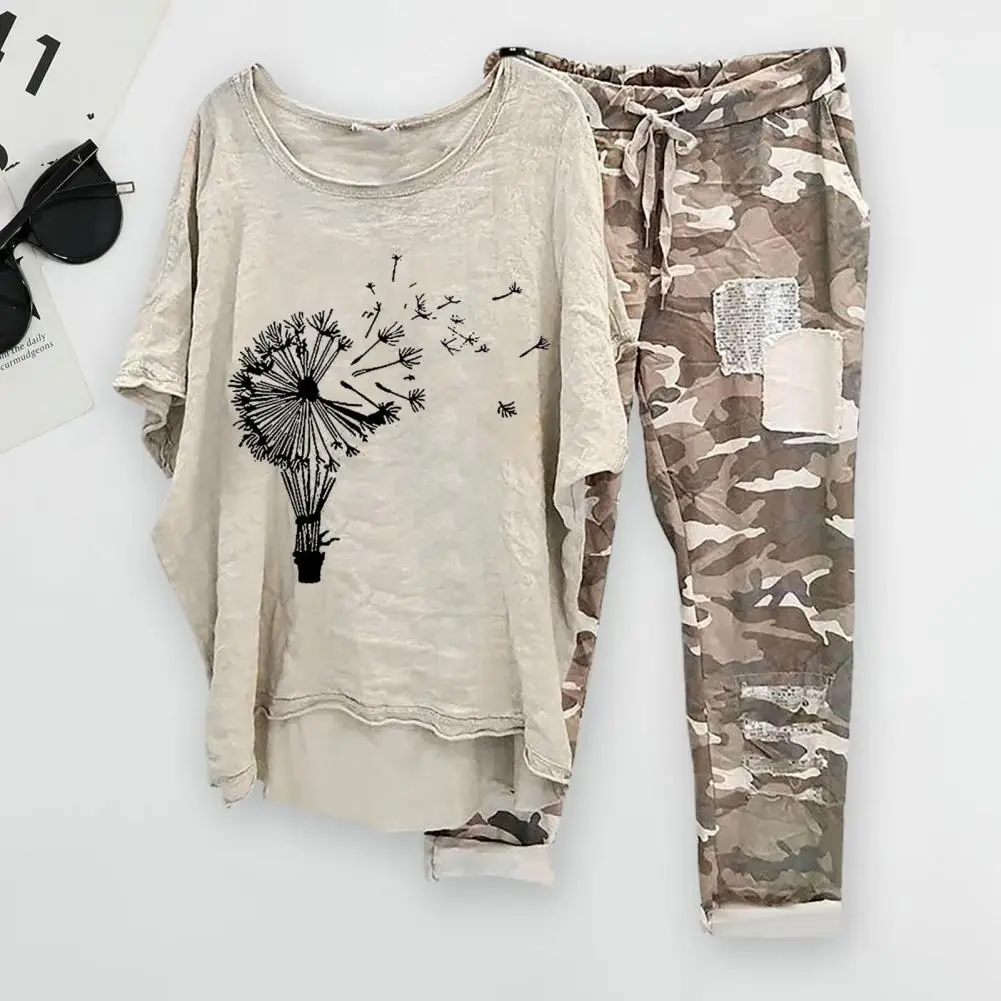 

2 Pcs/Set Chic Two Piece Suit Summer T-shirt Pants Set Half Sleeves Irregular Hem Summer T-shirt Pants Set Homewear