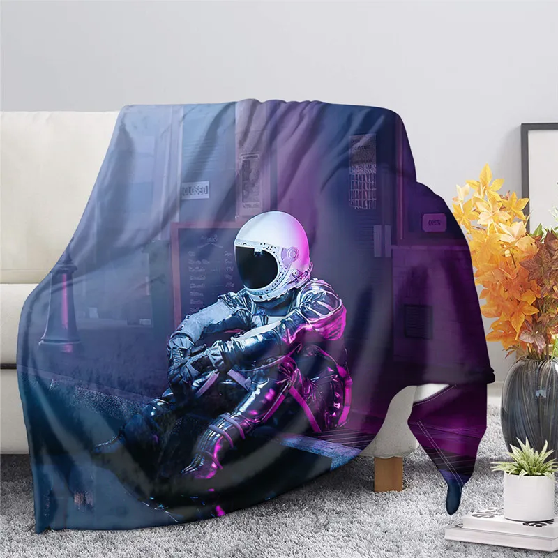 

Cartoon Astronaut Print Flannel Blanket Comfortable Sofa Quilts for Home Keep Warm 2021 Autumn Outer Space Series Bedspreads
