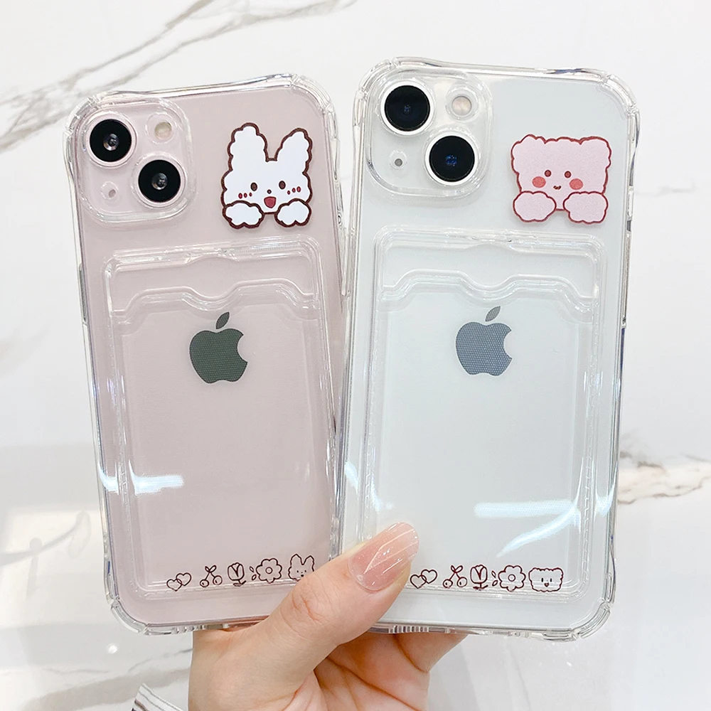 

Cute Bear Cartoon Card Bag Phone Case For iPhone 11 12 13 Pro XS Max X XR SE 2 7 8 Plus Wallet Bag Holder Clear Soft Back Cover