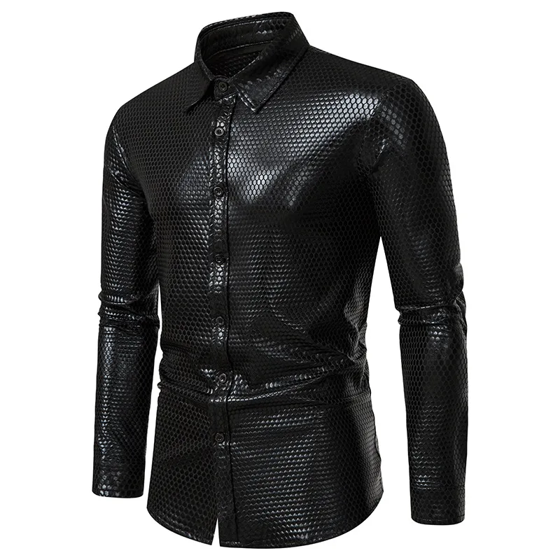 

Autumn New Gold Rhombus Black Dress Shirts Men Long Sleeve Scales Print Button Disco Party Shirts Male Nightclub Prom Chemise