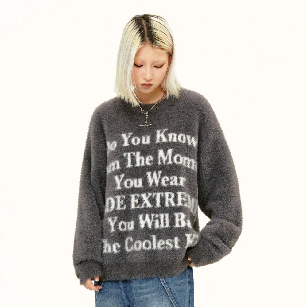 

Matching Dark Gray Slogan Print Gothic Sweaters for Women Girls Black Oversize Faux Fur Knitted Pullover Winter Grunge Clothes