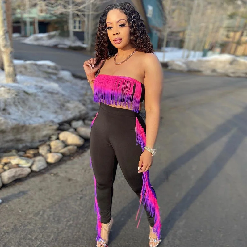 

WUHE Радужная Кисточка Комплект из двух предметов женский без бретелек корсет топы и брюки с высокой талией для ночного клуба