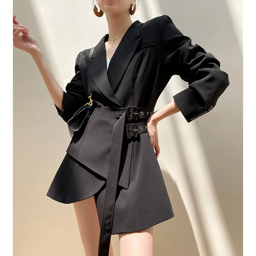 Jackets 2023 Autumn Women Winter Fashion Irregular Double Belt Black Slim Long Sleeve Blazer Outerwear Female