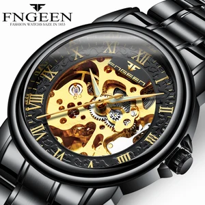 FNGEEN Men Watch Fashion Waterproof Skeleton Automatic Mechanical Watches Black Stainless Steel Stra