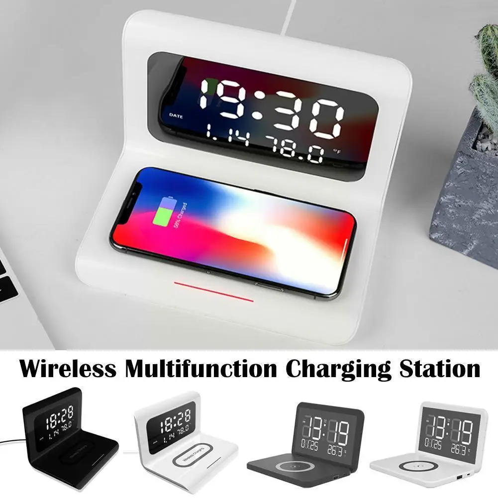 With Wireless Charger Thermometer Led Night Light Bedroom Desk Lamp For Ios Android D6j5