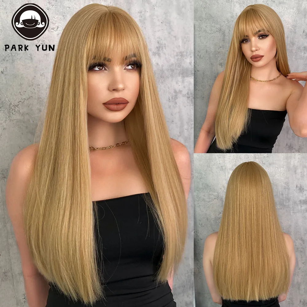 Long Straight Blonde Wig with Bangs Natural Women Wig Heat Resistant Synthetic Hair Wigs for Daily Cosplay Party Halloween