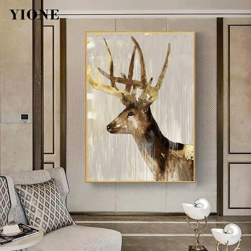 

Gold Elk Deer Canvas Painting Abstract Luxury Couple Animal Posters and Prints Modern Wall Art Decoration Picture for Aisle Room