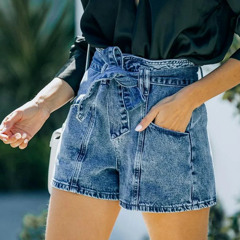 

Ladies Elastic High Waist Straight Buckle Belted Jeans Shorts Woman Clothing Summer Straight Leg Casual Bandage Denim Shorts