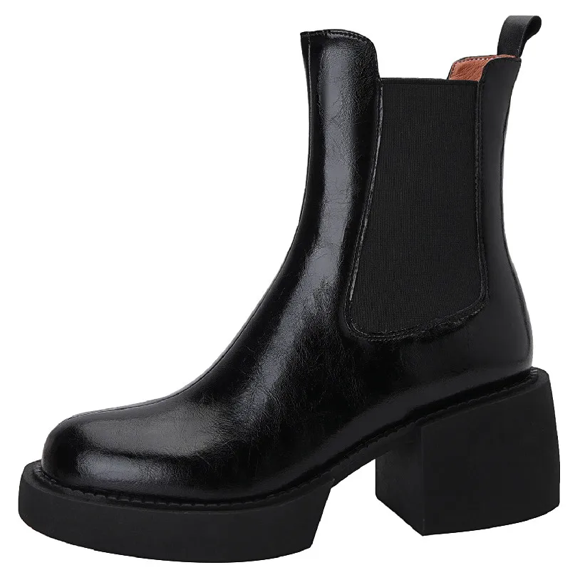 

Dilalula Classic Women Ankle Boots Thick Heels Platforms Concise Genuine Leather Chelsea Boots Shoes Woman Autumn Winter