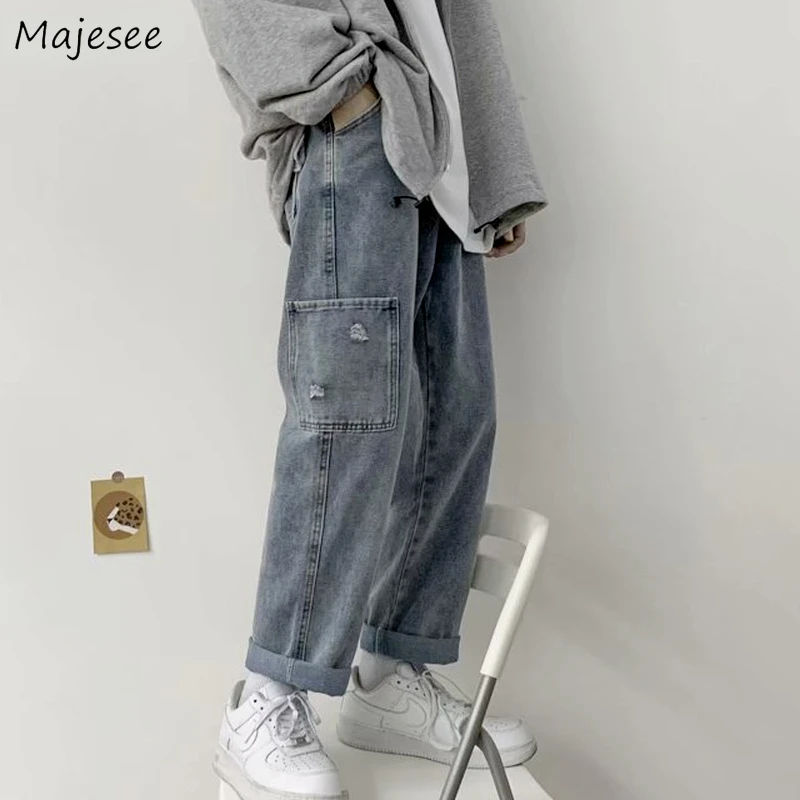 

Jeans Men Solid Fashion Vintage Scratched Pockets Chic High Street Harajuku Baggy Streetwaer Hip Hop Retro Denim All-match S-3XL