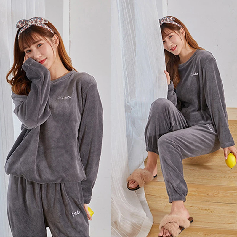 Women Winter Flannel Pajama Set Fleece Pajamas Sleepwear Homewear Thick Warm Velvet Female Suit Fall Sweatshirt Ladies Pyjama